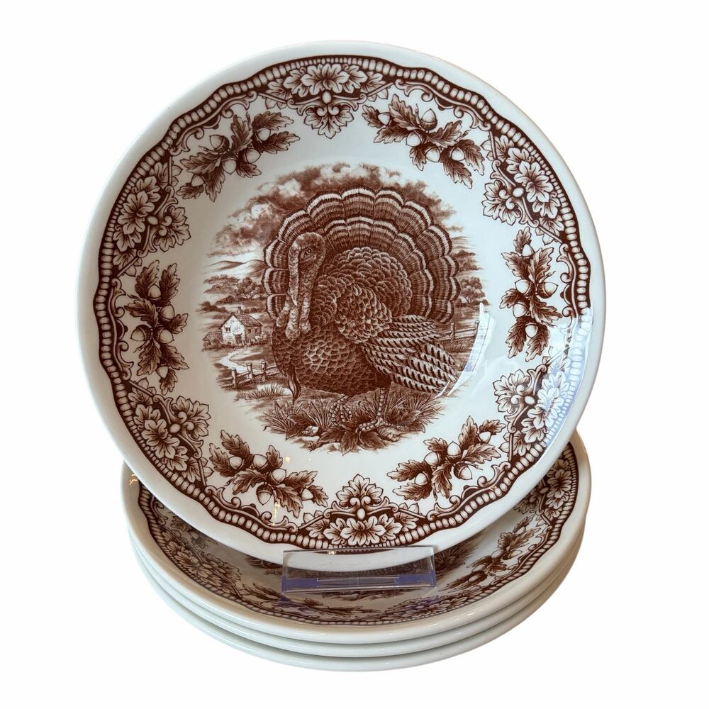 Royal Stafford Thanksgiving Turkey Cereal Bowls 8" Brown Porcelain Set of 4 New